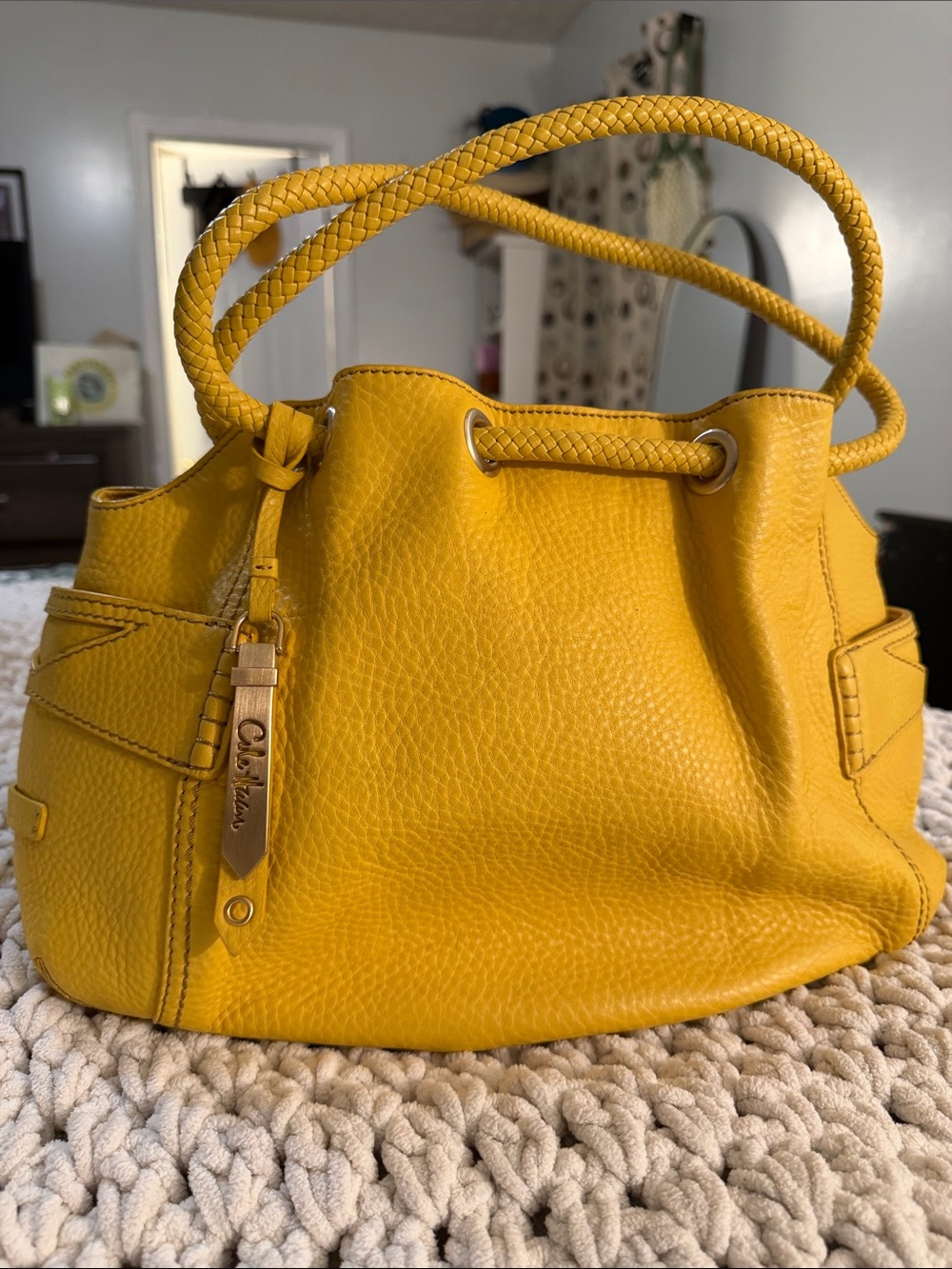 Cole Haan Yellow Pebbled Leather Drawstring Shoulder Bag